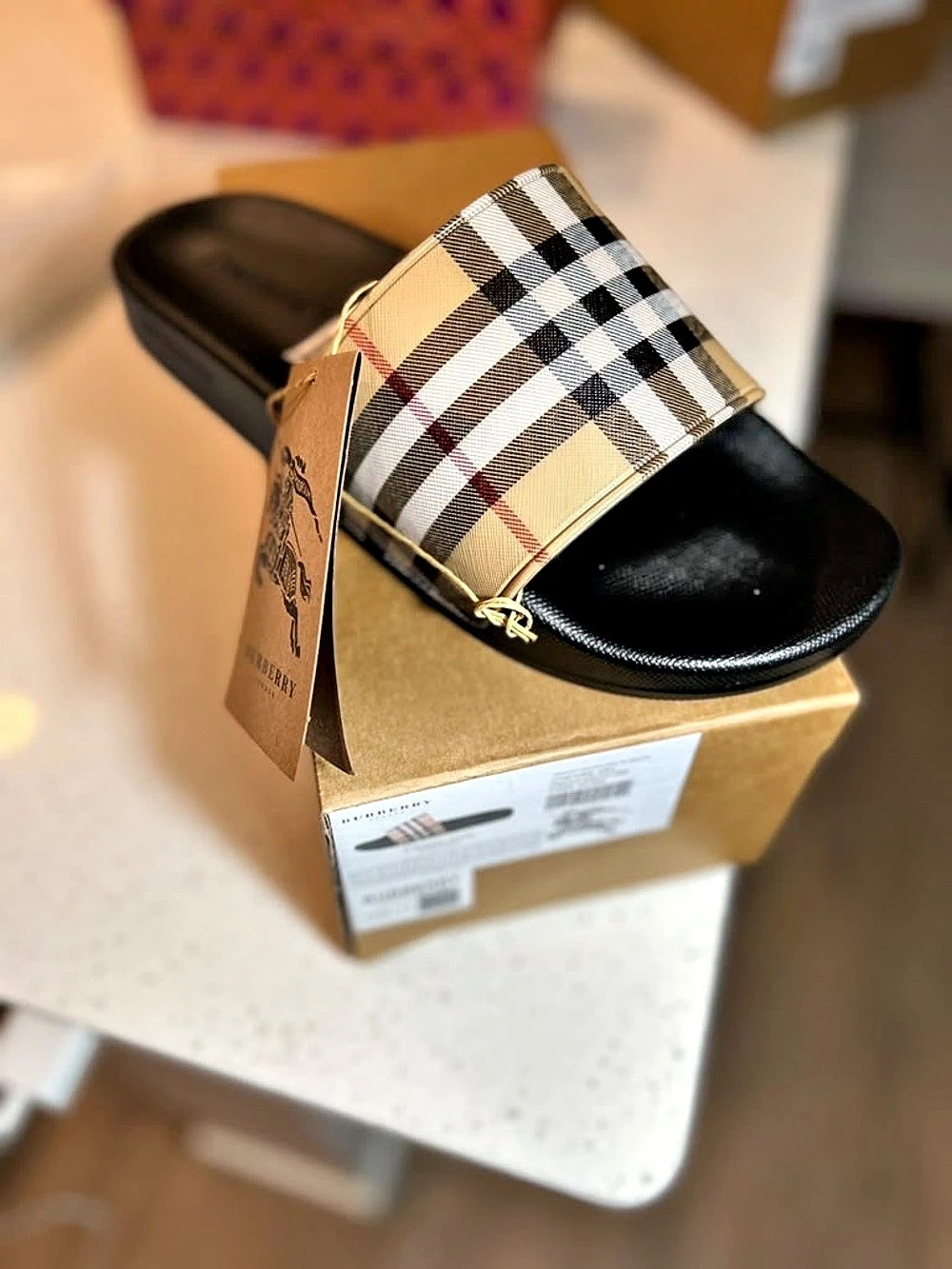 Burberry Vintage Check Slide Sandals Black & Beige